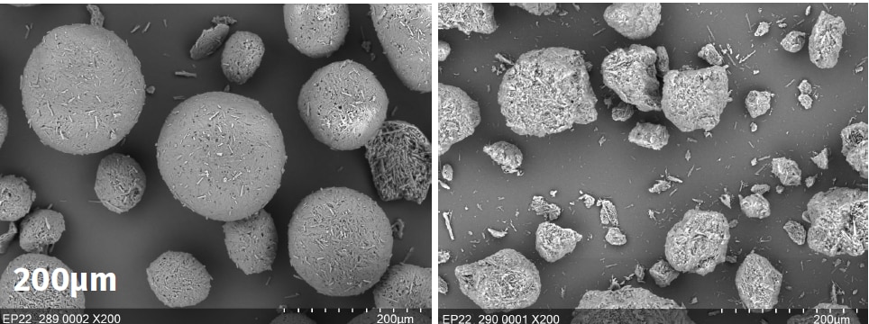 Rovimix B2 80 SD on left; competitor on right.  Note uniformity and sphericality of Rovimix particles; contrast with dust and fragments of product on right.  Riboflavin products are known to be hygroscopic (sticky) and electrostatic, which can make handling the straight competitor product a challenge in premixing or feed mixing.