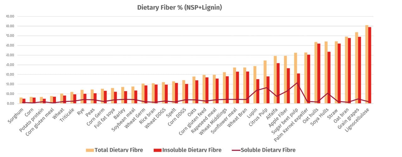 Figure 1. Dietary fibre (%, NSP+lignin) content of major cereals, oilseeds and co-products. (Source: dsm-firmenich Fibre database, 2022).