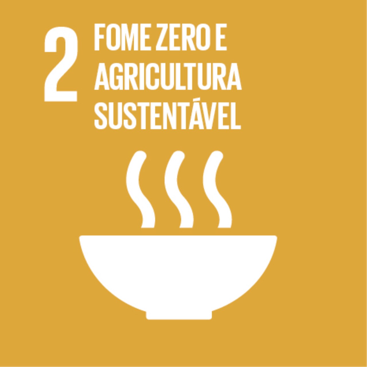 Imagem que representa o ODS número Dois - Fome zero e agricultura sustentável, com fundo bege e o ícone de um prato de comida.