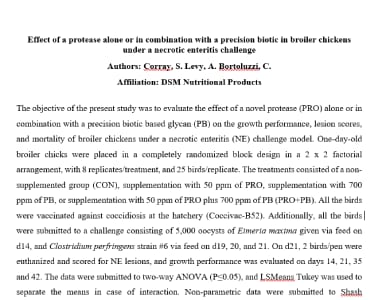 Effect of a protease alone or in combination with a precision biotic in broiler chickens under a necrotic enteritis challenge
