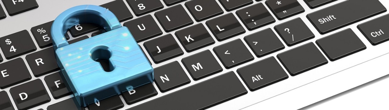 Computer security concept. Blue padlock on a computer keyboard, banner. 3d illustration