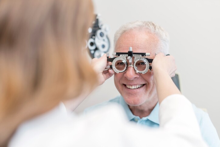 Optician testing mans eyesight.