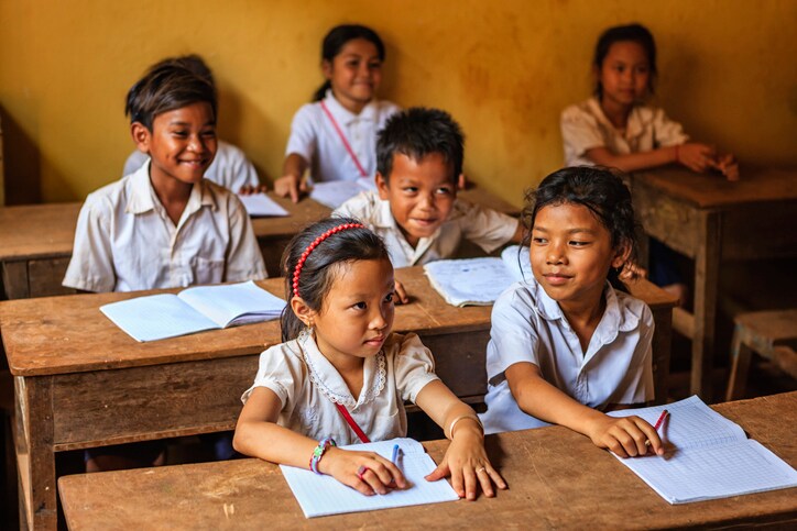 Cambodian children during language class in small school near Tonle Sap, Cambodia.