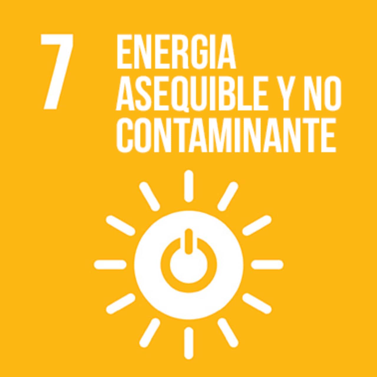 Imagen que representa el ODS número Siete - Energía Asequible y No Contaminante, con un fondo amarillo y el ícono del sol, con el símbolo de " encender/apagar" dentro de él.