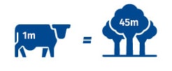 Ícono de un animal bovino con el número uno estampado; a su derecha, hay un signo de igualdad y luego está el ícono de tres árboles con el texto "45 millón".