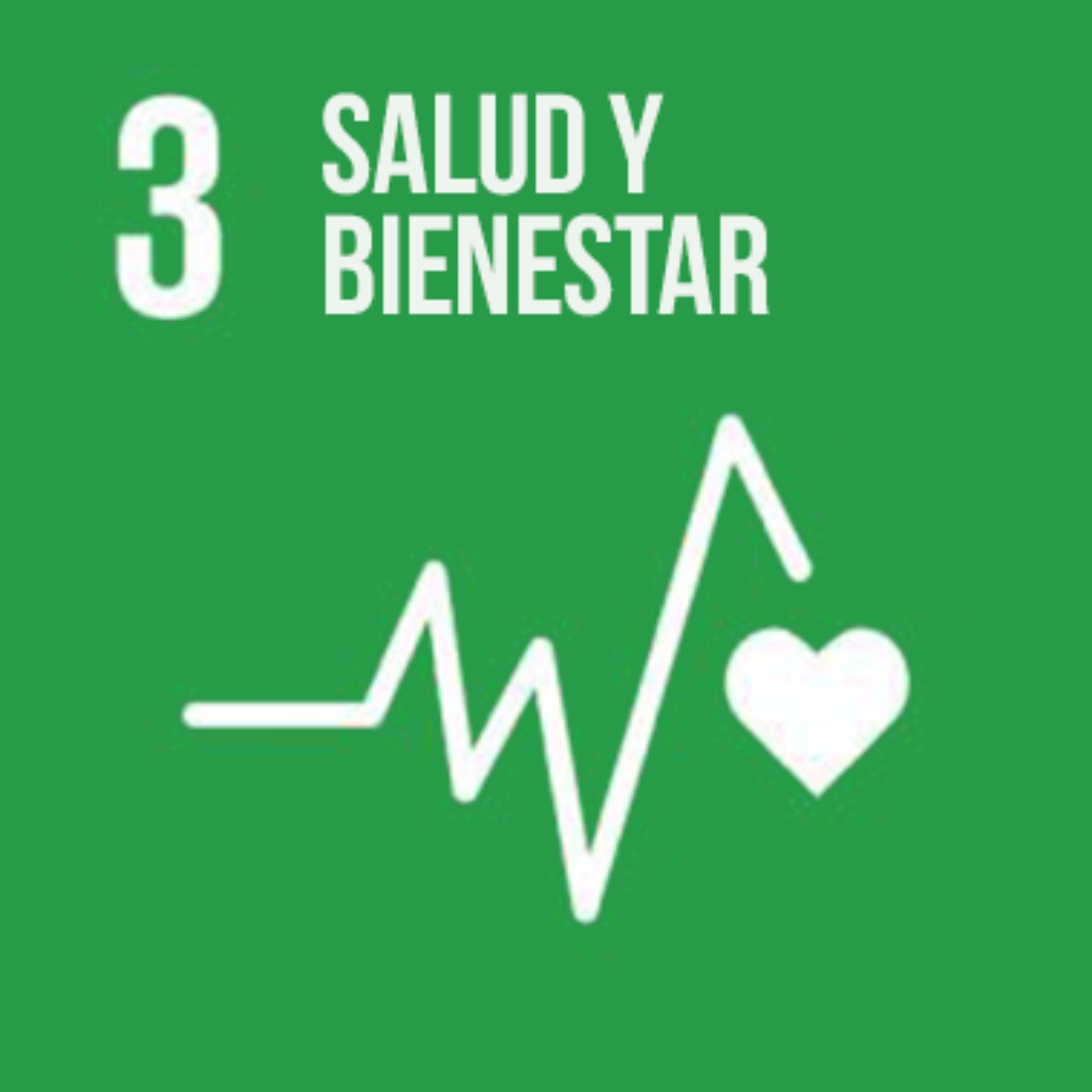 Imagen que representa el ODS número Tres - Salud y Bienestar, con fondo verde e ícono de latido de corazón.