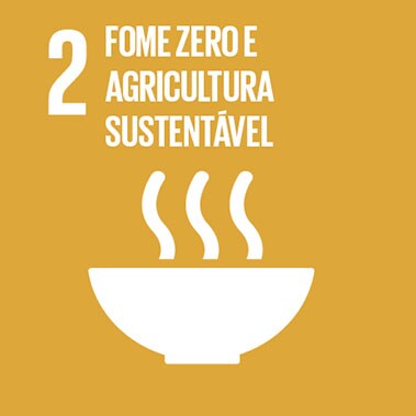 Imagem que representa o ODS número Dois - Fome zero e agricultura sustentável, com fundo bege e o ícone de um prato de comida.