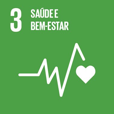 Imagem que representa o ODS número Três - Saúde e bem-estar, com fundo verde e o ícone de batimento cardíaco.