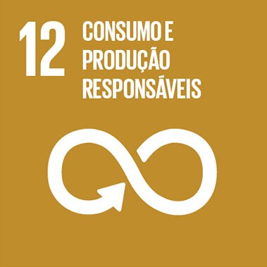 Imagem que representa o ODS número Doze - Consumo e produção responsáveis, com fundo marrom-claro e o símbolo do infinito.