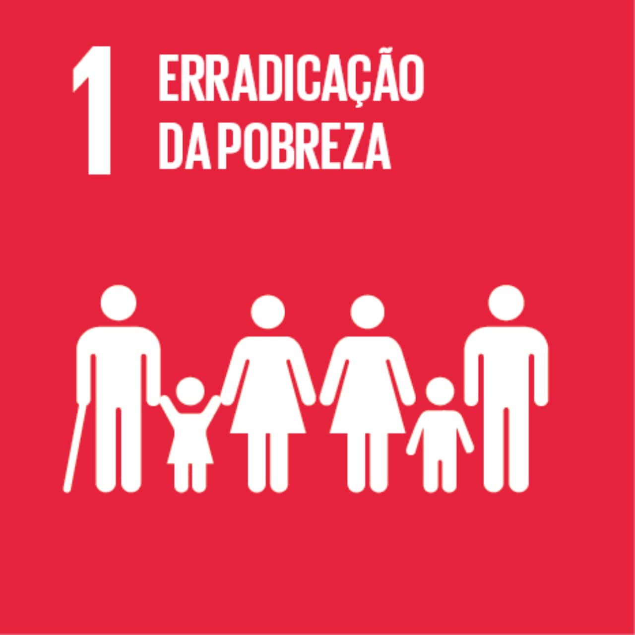 Imagem que representa o ODS número Um – Erradicação da pobreza, com fundo vermelho e os ícones de pessoas adultas e crianças.
