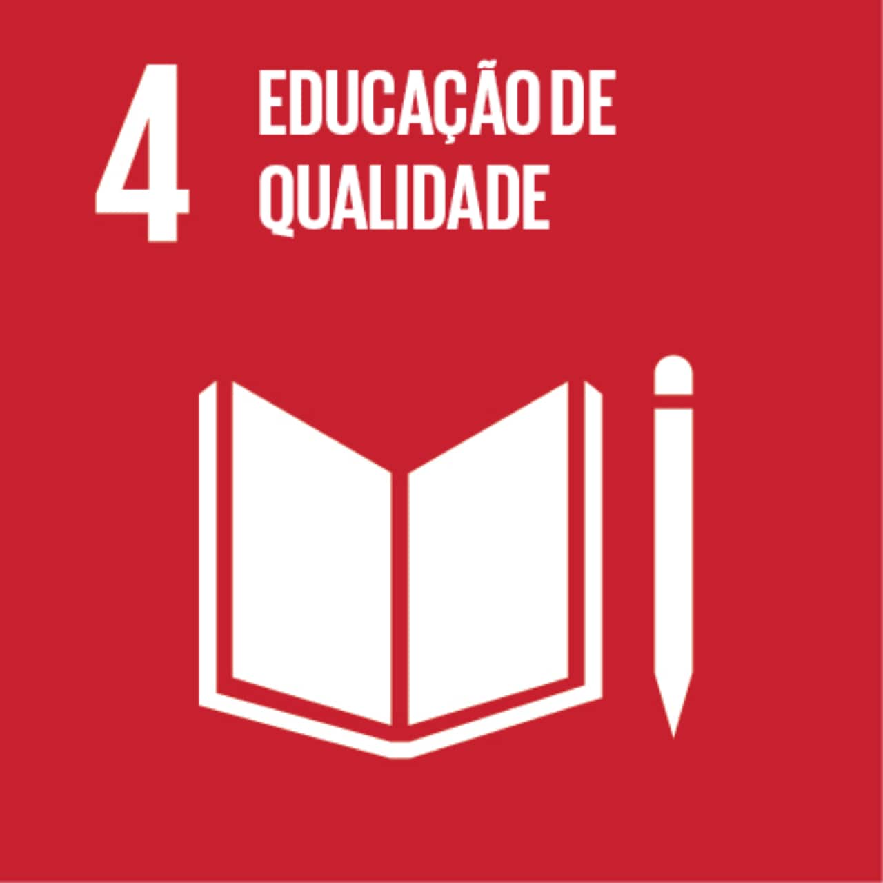 Imagem que representa o ODS número Quatro – Educação de qualidade, com fundo vermelho e os ícones de um caderno e um lápis.