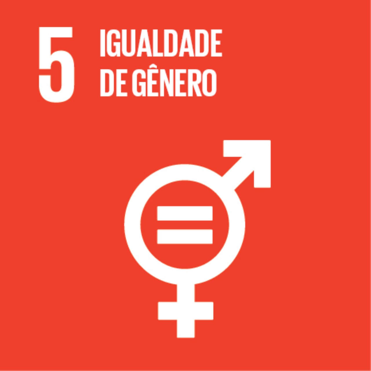 Imagem que representa o ODS número Cinco – Igualdade de gênero, com fundo alaranjado e o ícone dos gêneros masculino e feminino, com um sinal de igual dentro dele.
