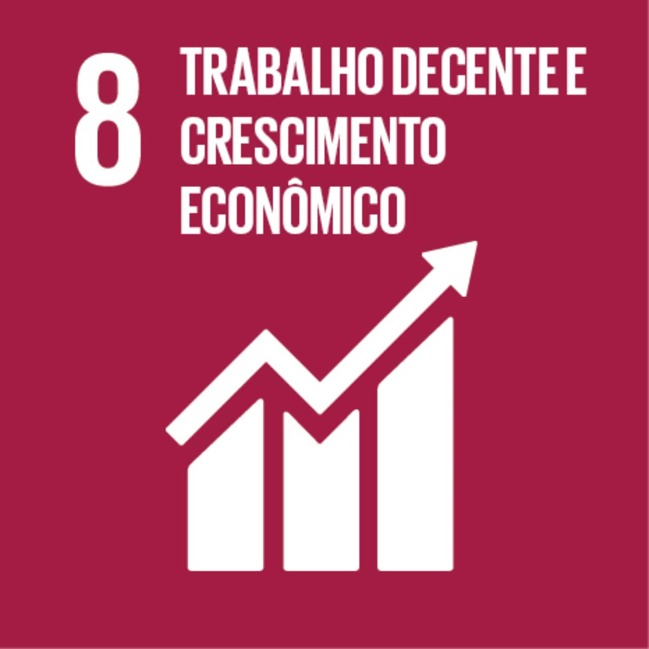 Imagem que representa o ODS número Oito – Trabalho decente e crescimento econômico, com fundo bordô e o ícone de barras gráficas e uma seta que indica crescimento.