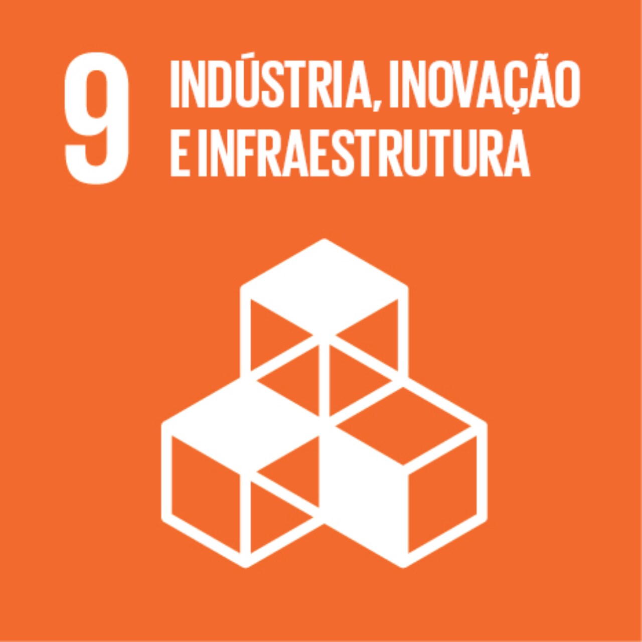 Imagem que representa o ODS número Nove – Indústria, inovação e infraestrutura, com fundo alaranjado e o ícone de cubos empilhados.