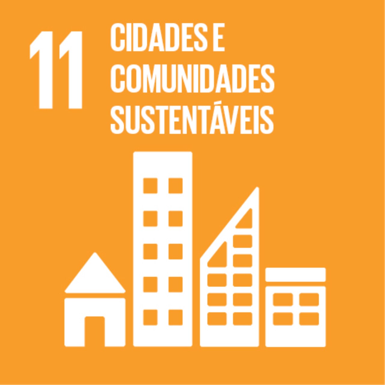 Imagem que representa o ODS número Onze – Cidades e comunidades sustentáveis, com fundo amarelo e ícones de imóveis.