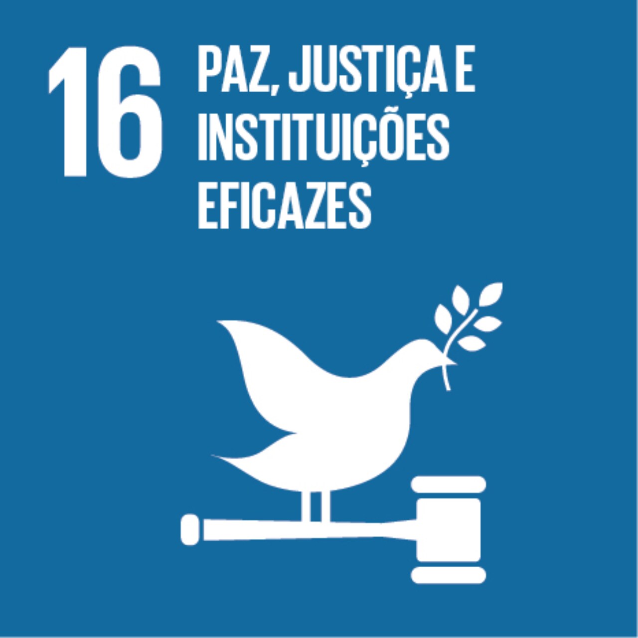 Imagem que representa o ODS número Dezesseis – Paz, justiça e instituições eficazes, com fundo azul e os ícones de uma pomba da paz e um martelo da justiça.