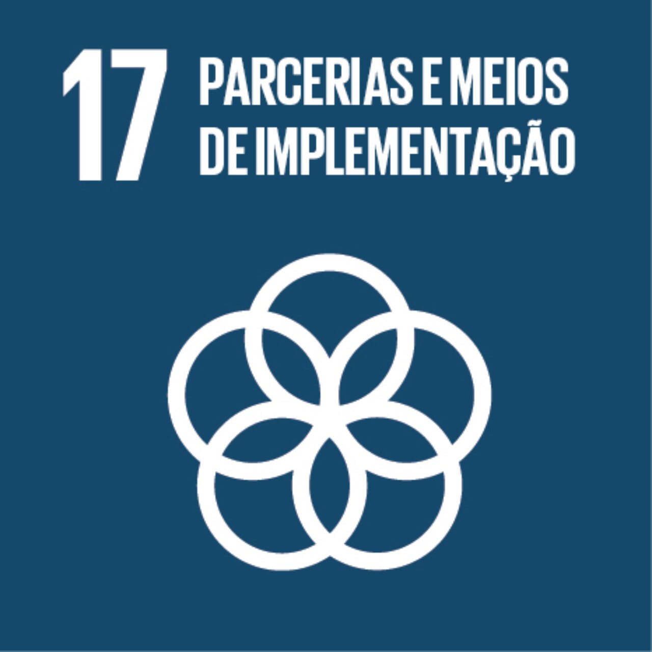 Imagem que representa o ODS número Dezessete – Parcerias e meios de implementação, com fundo azul-escuro e um ícone com círculos interligados.