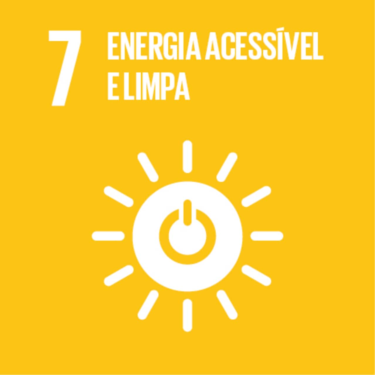 Imagem que representa o ODS número Sete - energia acessível e limpa, com fundo amarelo e o ícone de sol, com o símbolo de “ligar/desligar” dentro dele.
