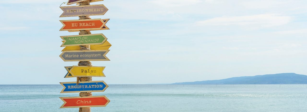 Multiple blank signs on a wooden pole in the beach.place for text