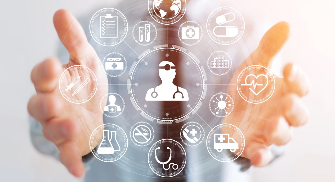Businessman on blurred background using modern medical interface 3D rendering
